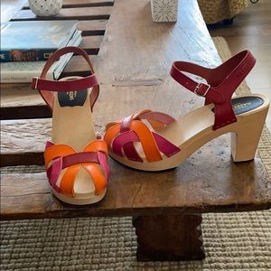 Swedish Hasbeens red/orange and pink high heels